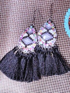 Boho Black Tassel Teardrop Earrings with Aztec Print